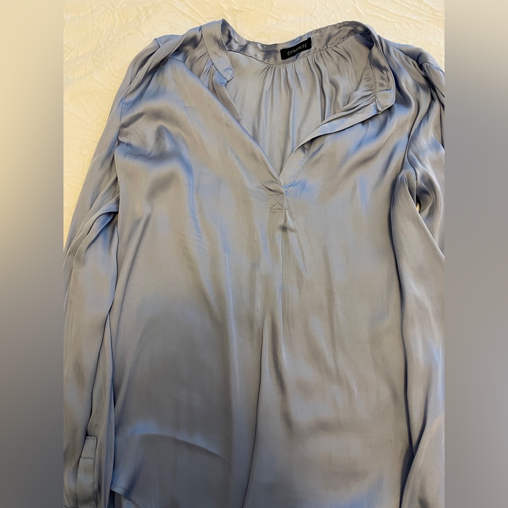 Dynamite Light Blue Satin V-Neck Blouse – Chic Workwear Top